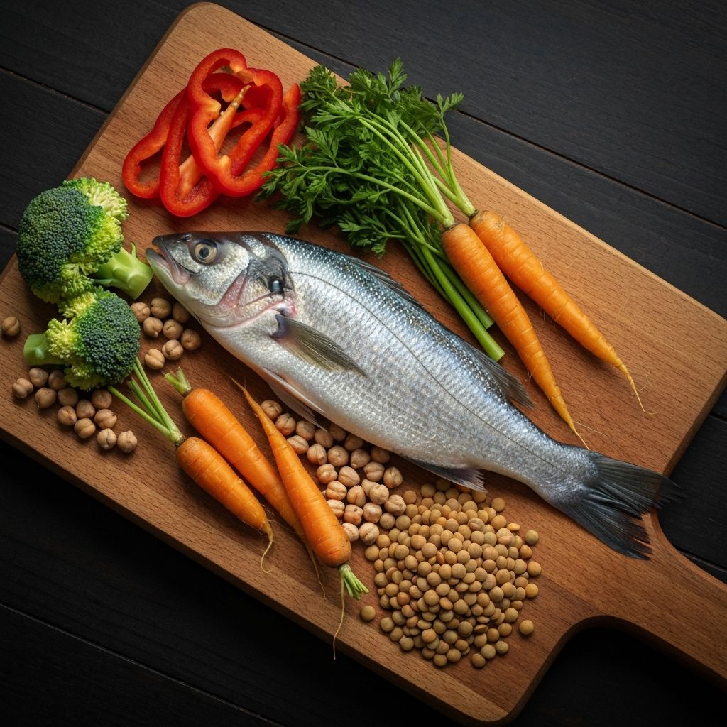 Verschiedene hochwertige Lebensmittel - frische Gemüse, Proteinquellen, Körner und Hülsenfrüchte in natürlicher Anordnung mit kinematografischer Beleuchtung