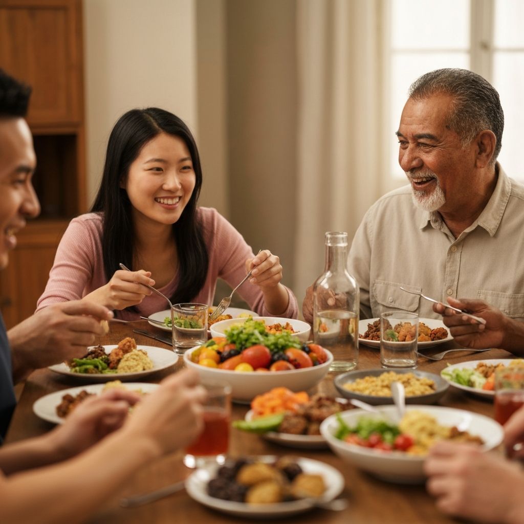 Vielfältige Menschen verschiedenen Alters genießen Mahlzeiten zusammen, Dokumentarfilm Stil mit natürlichem Licht