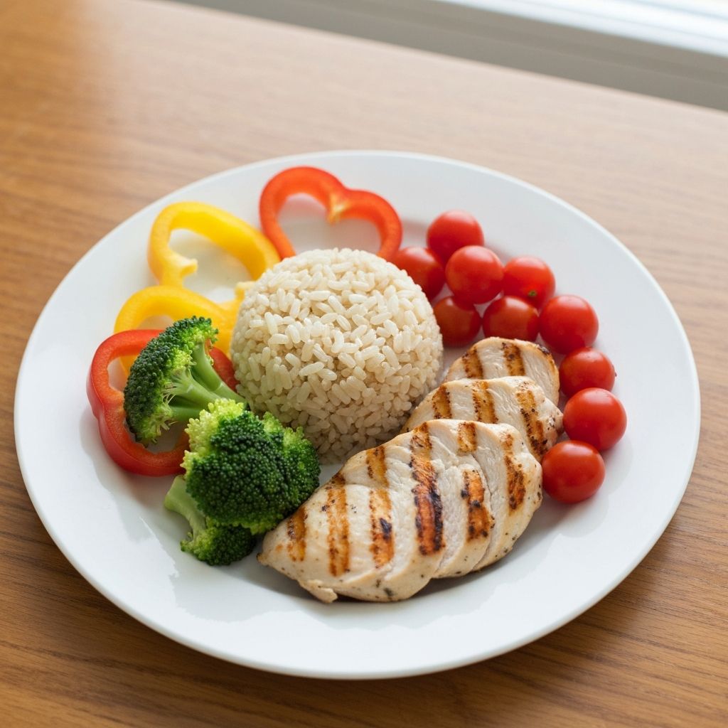 Gesunde ausgewogene Tellerkomposition - Körner, magere Proteine und frisches Gemüse mit professioneller Lebensmittelfotografie