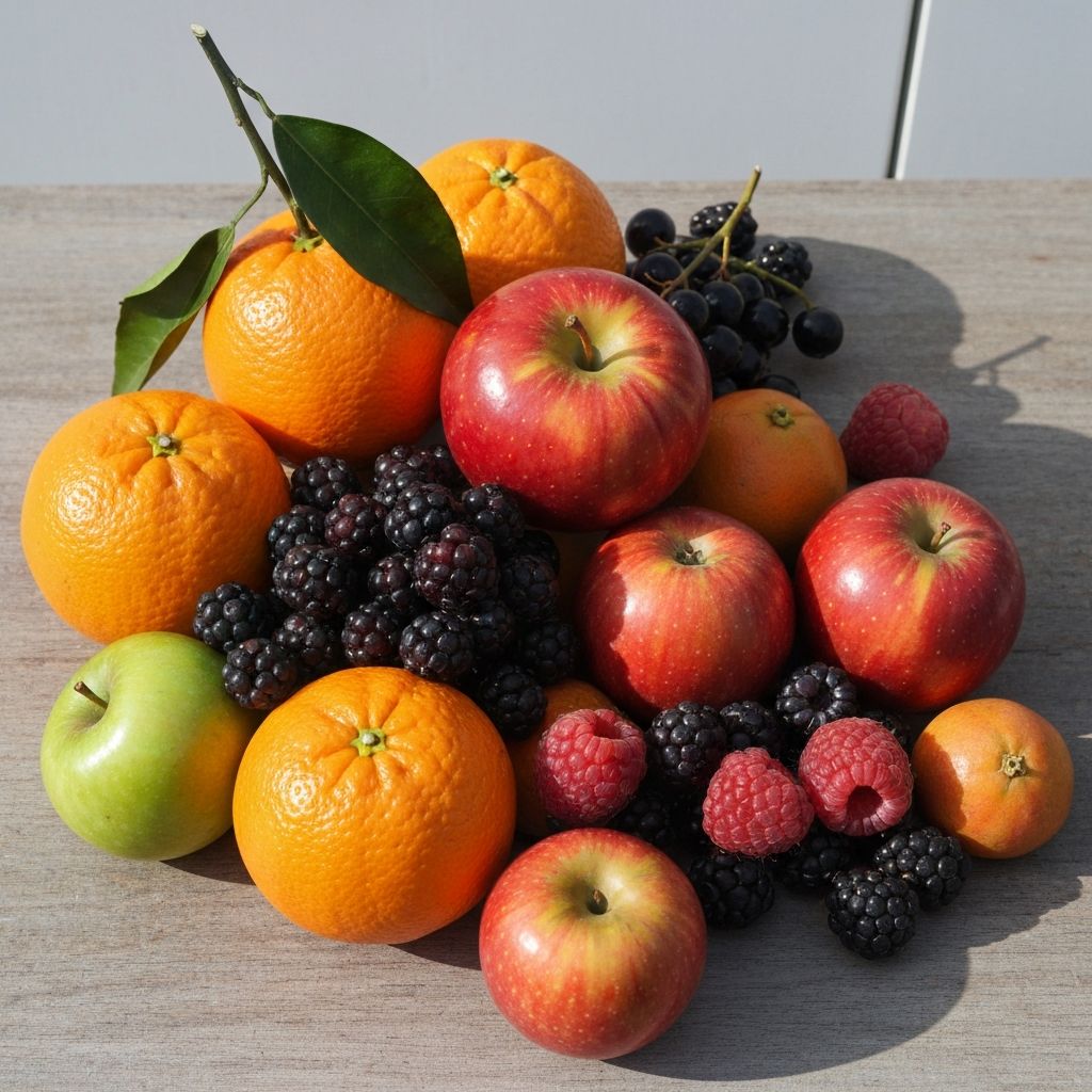 Frische Früchte und Beeren Anordnung - Orangen, Beeren und Äpfel in natürlicher Umgebung mit kinematografischer Beleuchtung