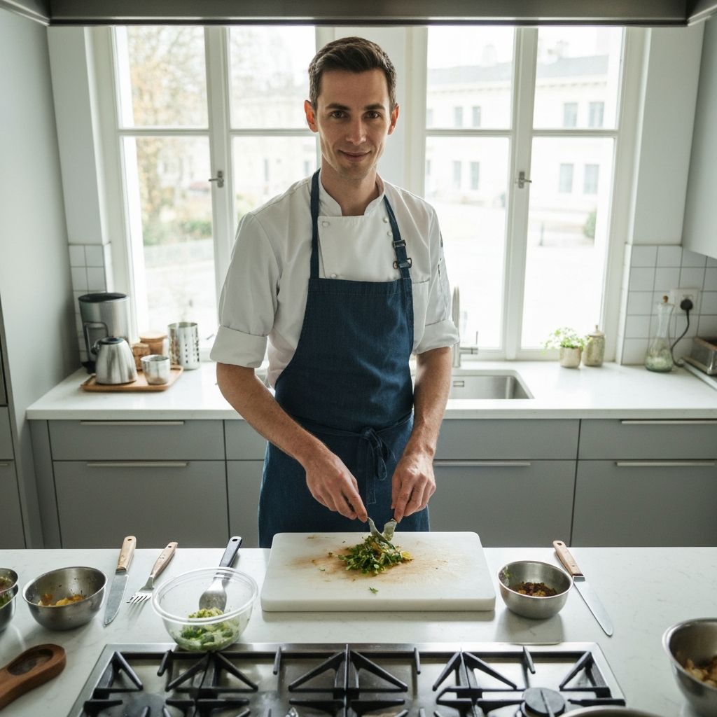 Professionelle Küchenszene einer Person bei der Zubereitung von gesundem Essen mit natürlicher Beleuchtung