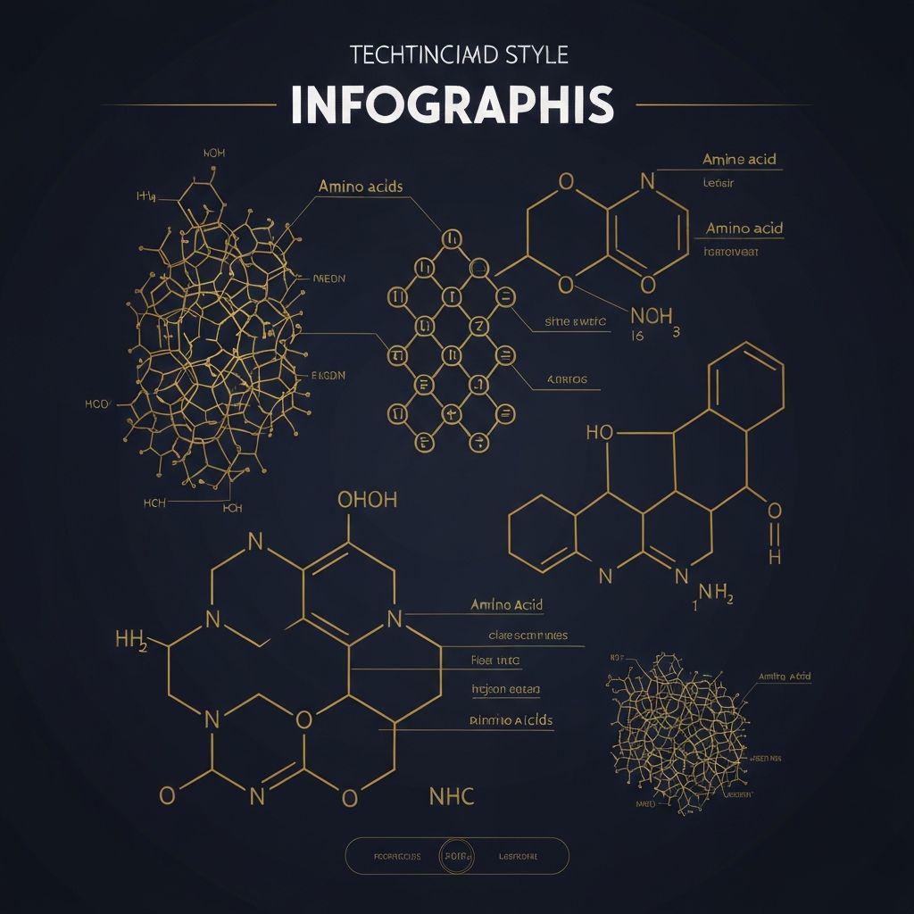 Wissenschaftliche Illustration von Proteinmolekülen und Aminosäuren, Technik-Diagramm-Stil mit Bildungscharakter