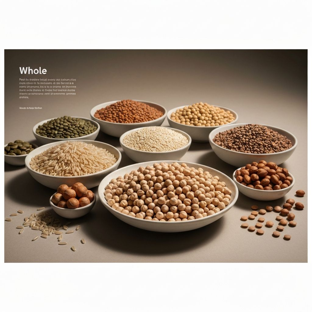 Hochwertige Foto von Vollkorngetreide, Samen und Hülsenfrüchten in Schüsseln - brauner Reis, Quinoa, Linsen und Nüsse