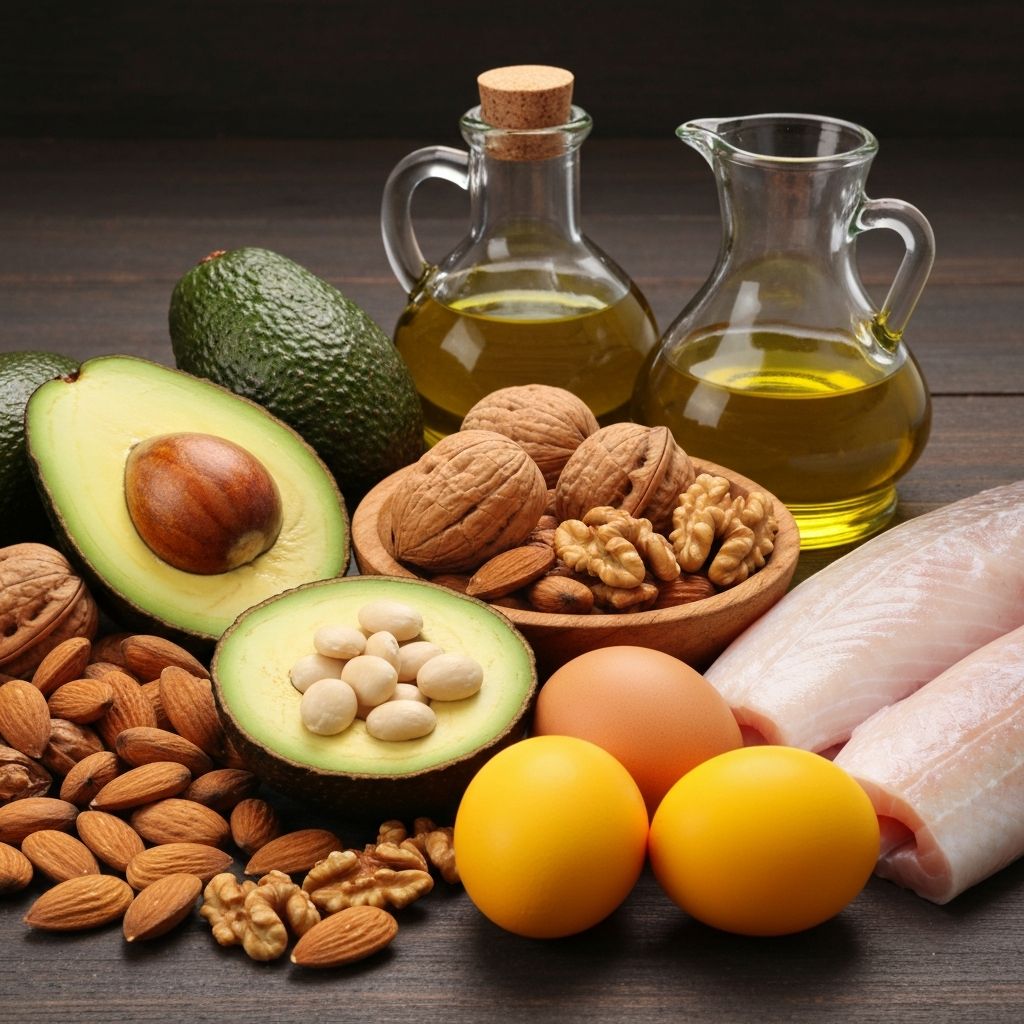 Professionelles Foto von Fettquellen - Avocado, Olivenöl, Nüsse, Fisch und Eier mit kinematografischer Beleuchtung